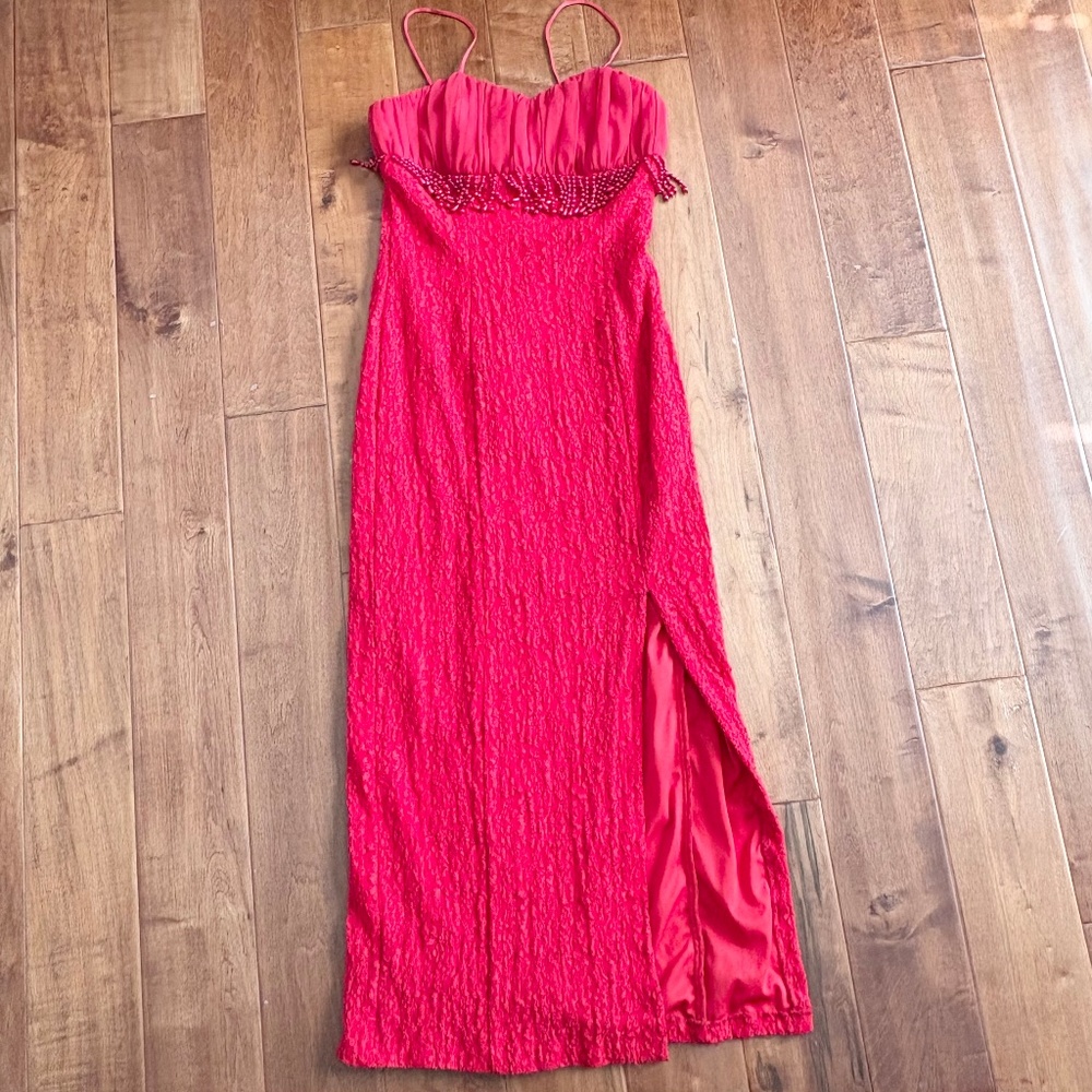 SPEED FASHION Beaded‎ Lace Overlay Front Slit Formal Dress Sz M Vintage USA